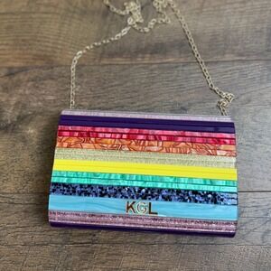 Kurt Geiger London Rainbow Stripe Acrylic Clutch Crossbody Gold Chain